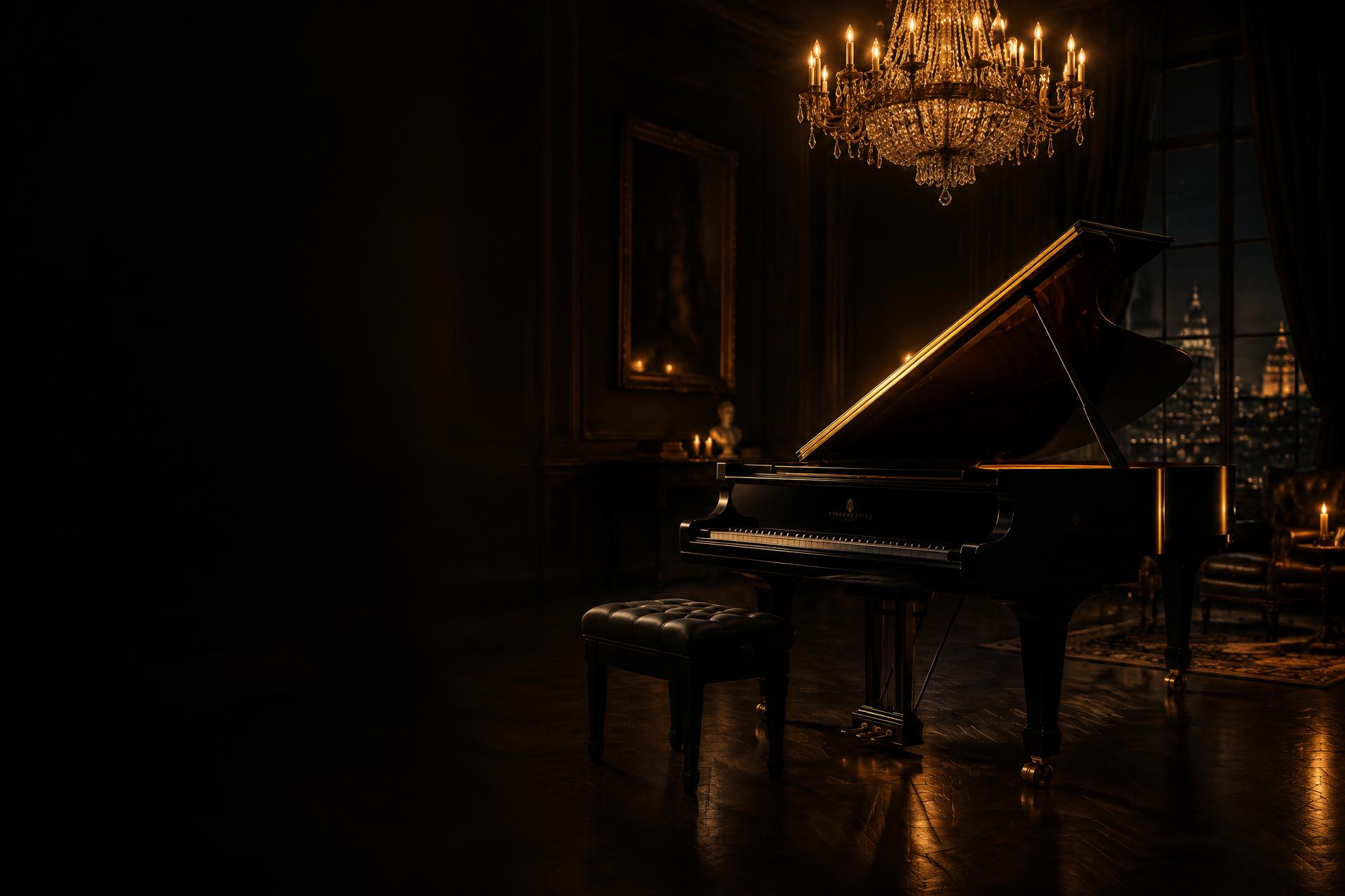 Piano de cauda num atelier à luz de velas